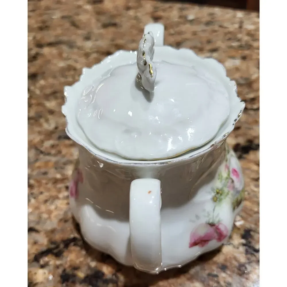 Antique Lehmann Leuchtenburg Germany Sugar Bowl Pink White Roses 2 handle - Picture 3 of 15